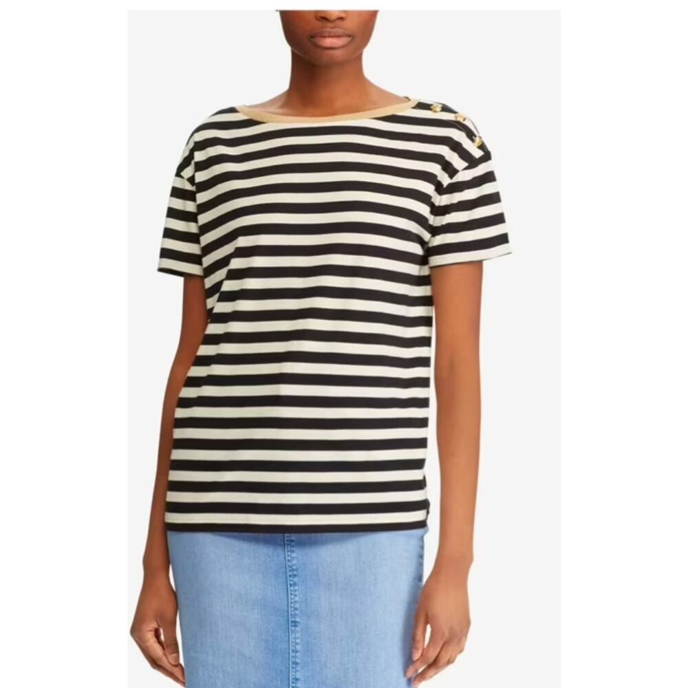 Lauren Ralph Lauren Striped Short Sleeve Gold Buttons Metallic Black White XS